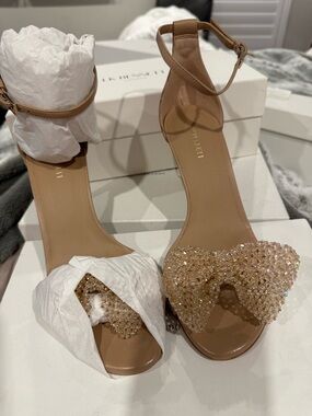 LK Bennett Tan Crystal Bow Ankle-Strap Heels
